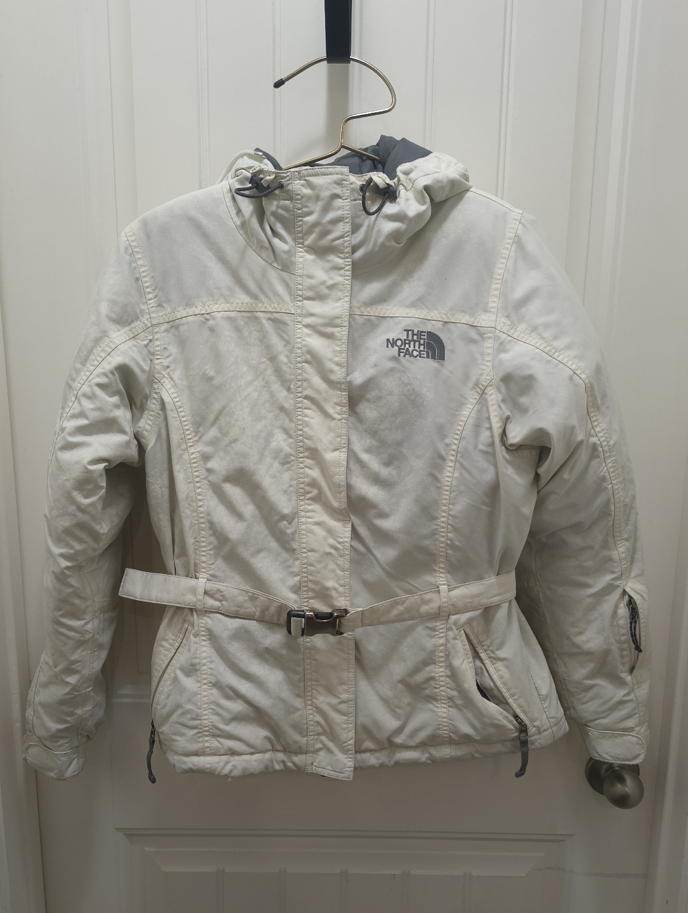The North Face 550 Fill Goose Down Belted Waist Hooded Puffer Jacket Cream Small